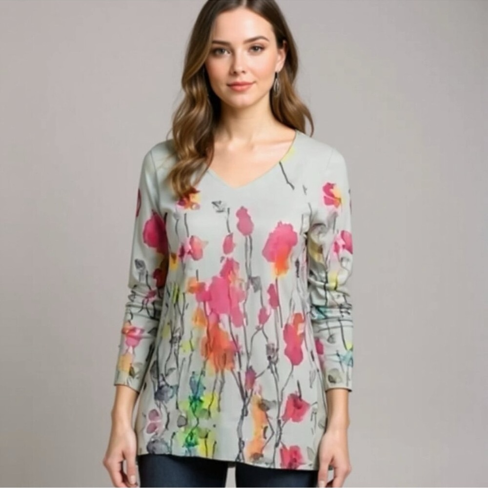 Soft Surroundings Poppy Fields Gray Floral Long Sleeve Tunic Size Petite Small